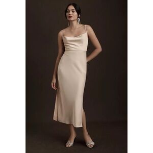 NWT BHLDN Anthropologie Charmeuse Satin Cowl Neck Side Slit Midi Slip Dress